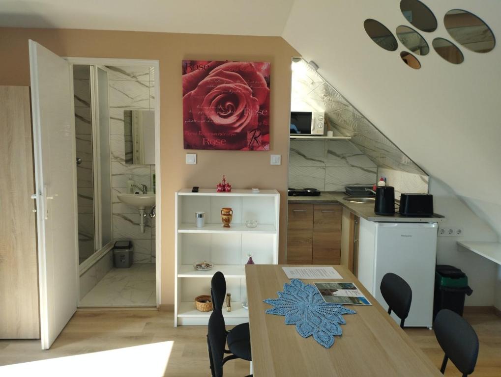 Kuchyň nebo kuchyňský kout v ubytování Viola Apartmanok Bogács