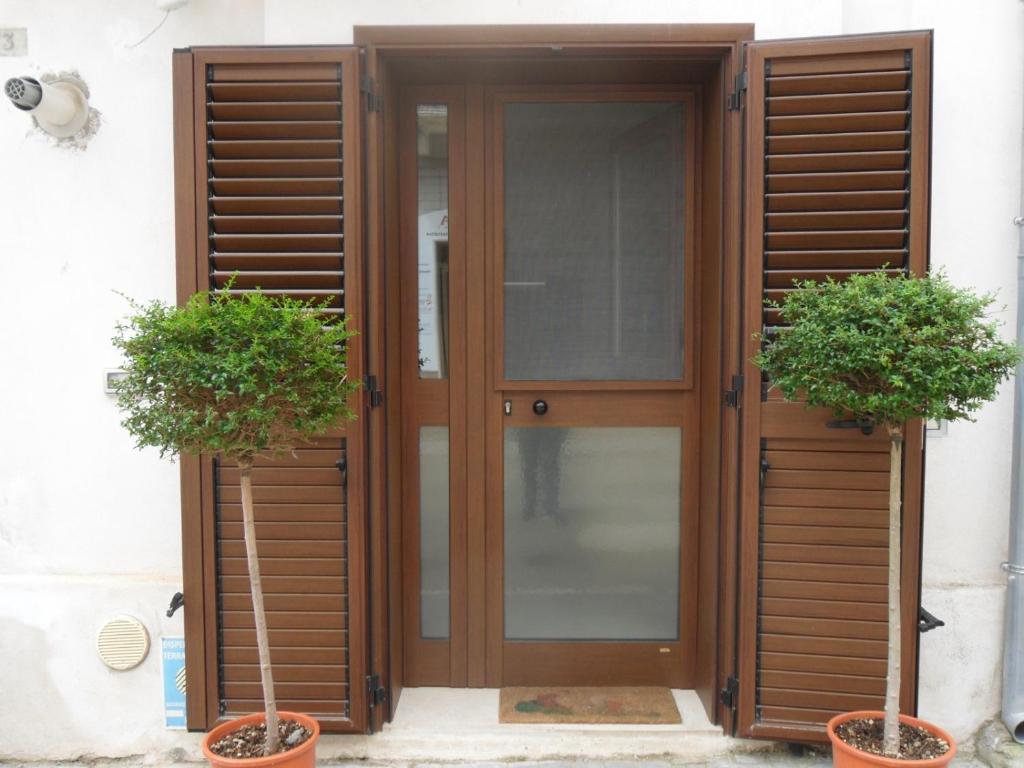 een houten deur met twee potplanten voor de deur bij Grazioso Bilocale per scoprire il Molise in relax in San Martino in Pensilis
