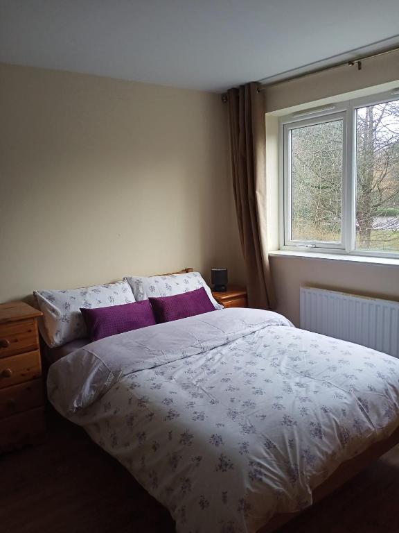 a bedroom with a bed with purple pillows and a window at Highly Comfortable Home in Hatfield