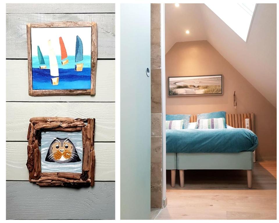 - deux photos d'une chambre avec un lit et un chat dans un miroir dans l'établissement Cœurs en Bay - Maison romantique avec parking et terrasse, à Saint-Valery-sur-Somme