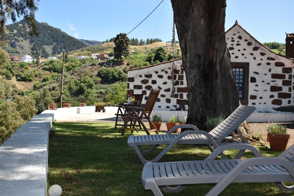a group of white chairs sitting under a tree at Casa Rural Tintilla in Vega de San Mateo