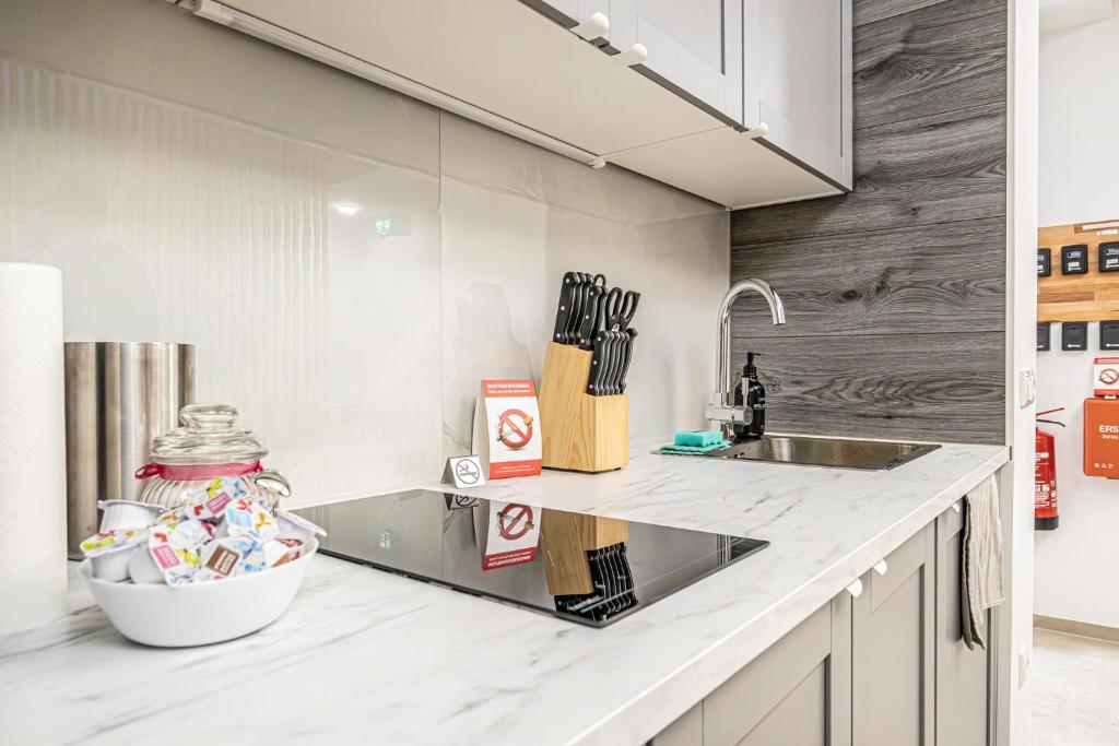 Kuchyň nebo kuchyňský kout v ubytování Krems Bahnhof Deluxe Rooms - near Danube River