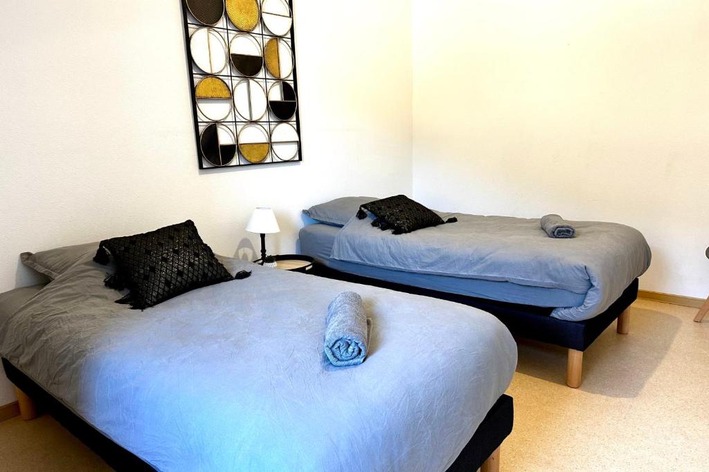 two twin beds in a room at Les Naïades D15- 2 bedrooms for 5 people ! in Avène