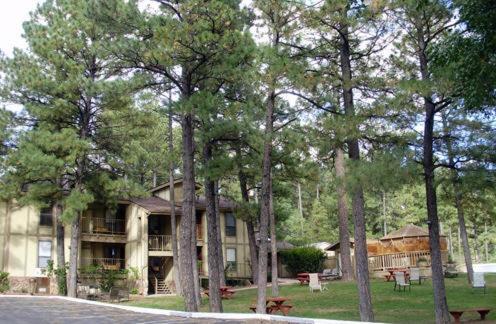 a large house with trees in front of it at Village Lodge in Ruidoso