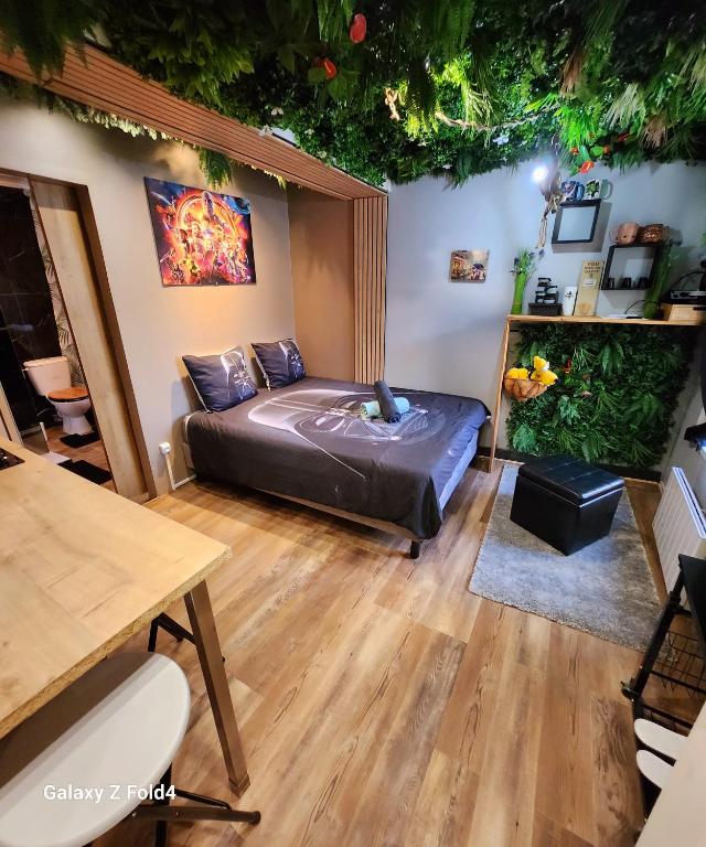 une pièce avec un lit au milieu dans l'établissement Appt Avengers à 10 minutes de Disneyland, à Condé-Sainte-Libiaire