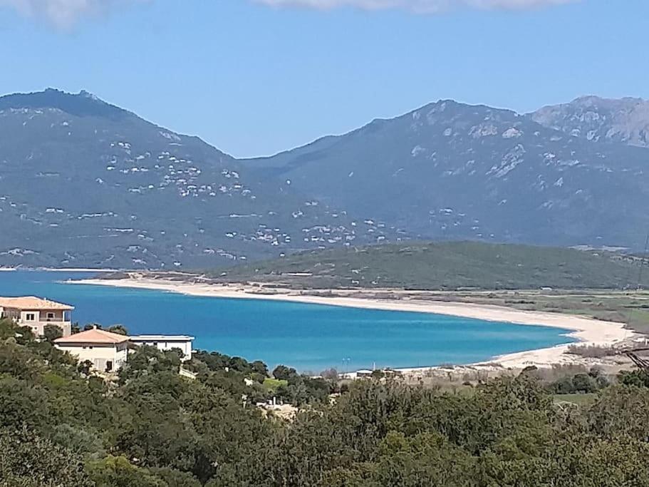 - une vue sur une plage avec des montagnes en arrière-plan dans l'établissement Villa T4 à Campomoro corse du sud, 800m plage, à Belvédère