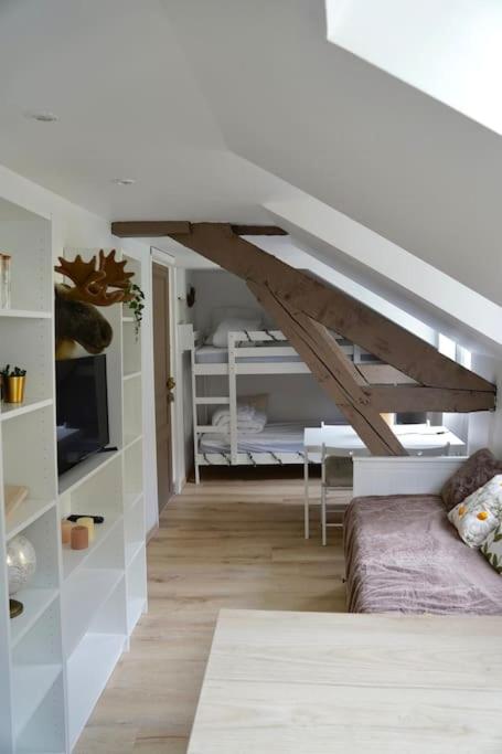 a living room with a couch and a bed in a room at Studio rénové dans le centre in Cauterets