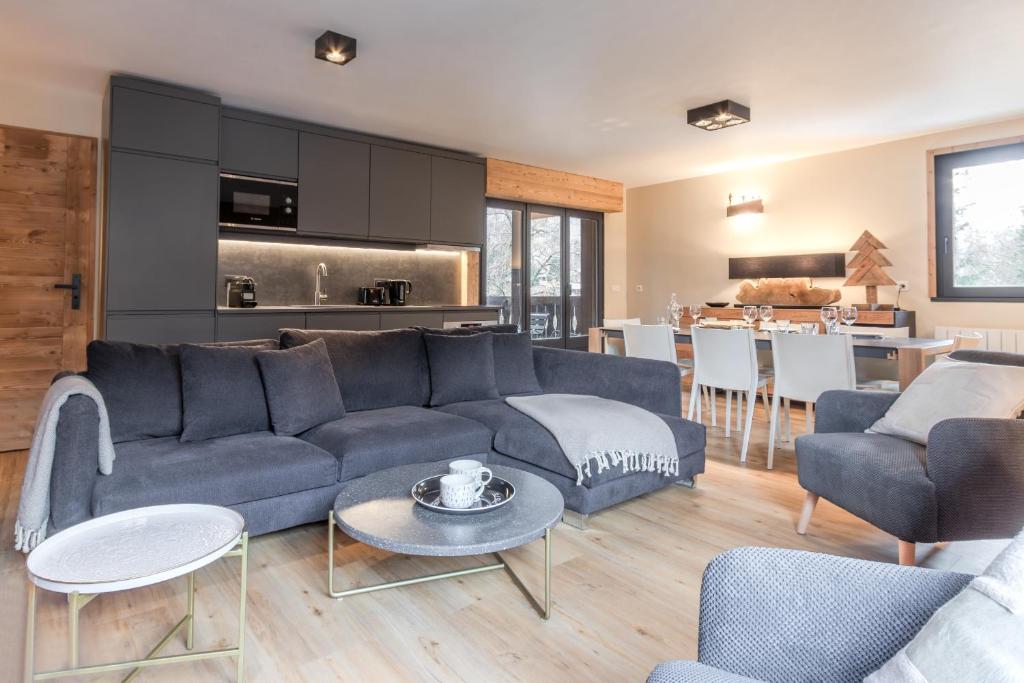 un salon avec un canapé bleu et une cuisine dans l'établissement Camp de base - Renove - Calme, à Chamonix-Mont-Blanc