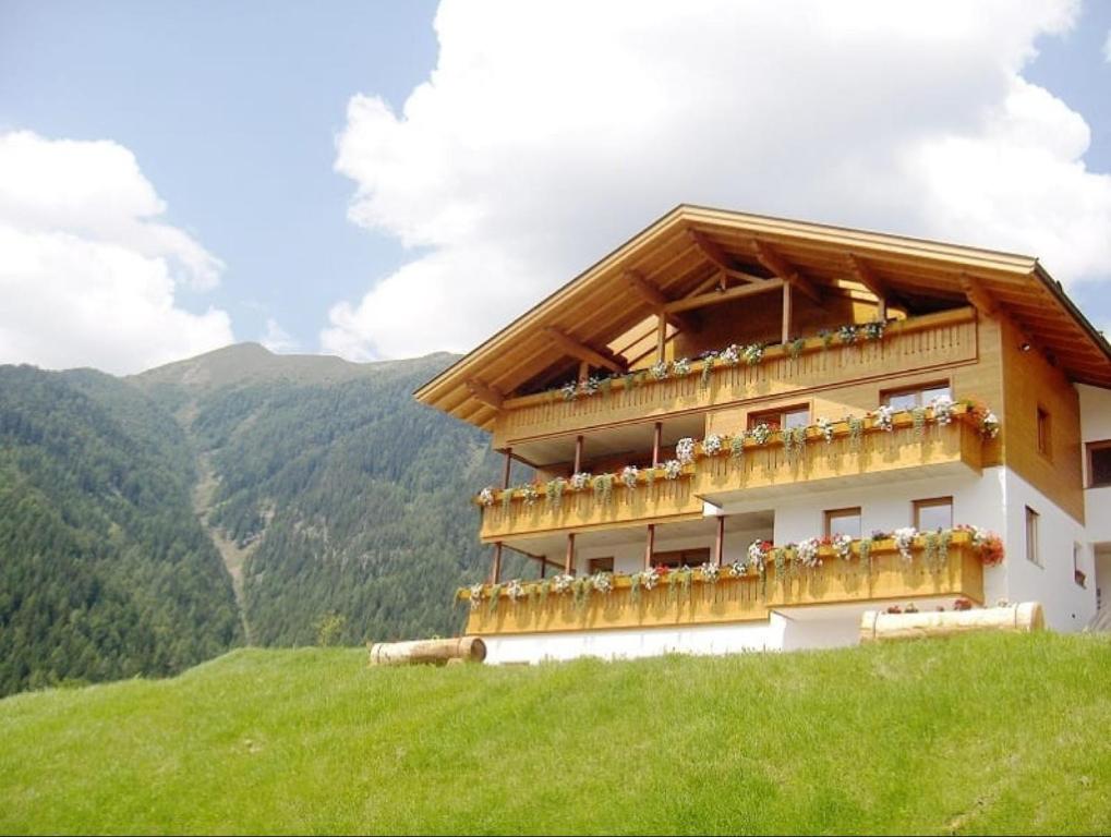 um edifício ao lado de uma colina com montanhas em Matscherhof Ferienwohnung Helena em Motini al Rio