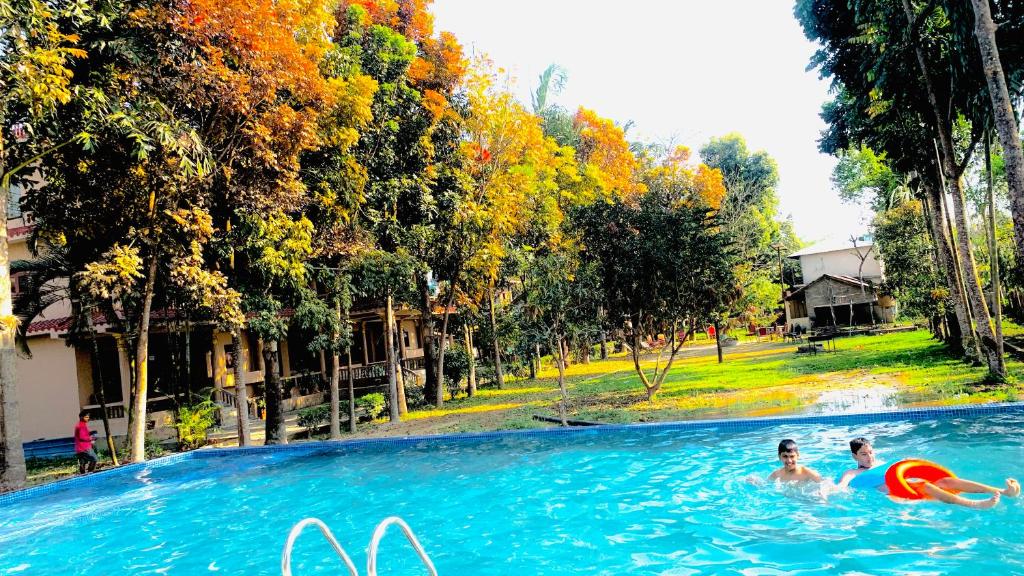 un gruppo di persone che nuotano in piscina di Chitwan Forest Resort , Chitwan National Park a Sauraha