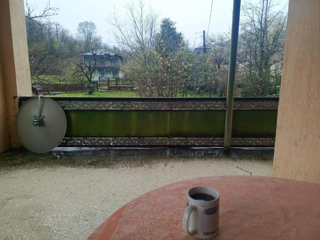 uma chávena de café sentada numa mesa em frente a uma janela em Nelli guest house em Sayeliavo