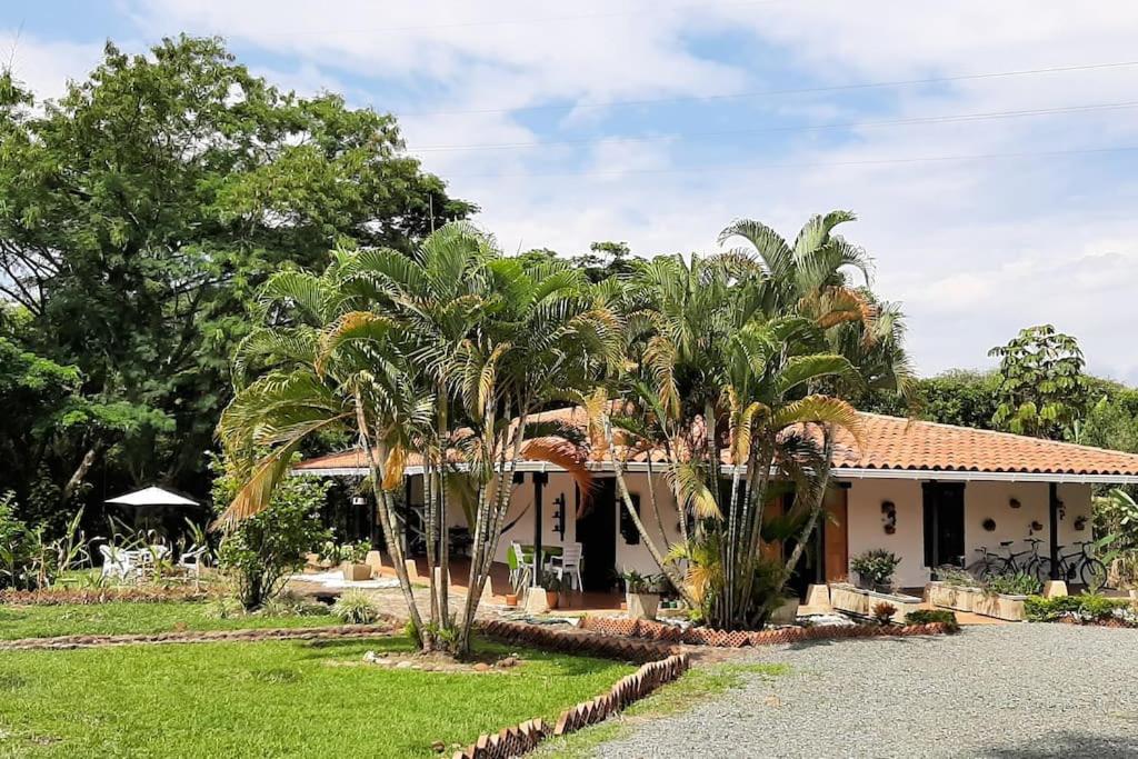 a house with palm trees in front of it at Casa campestre con las comodidades de la ciudad in Jamundí