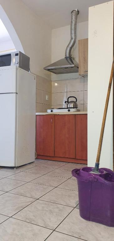 uma cozinha com um frigorífico branco e um vaso roxo em Pokoj 5 osobowy z kuchnią i łazienka em Tomaszów Mazowiecki