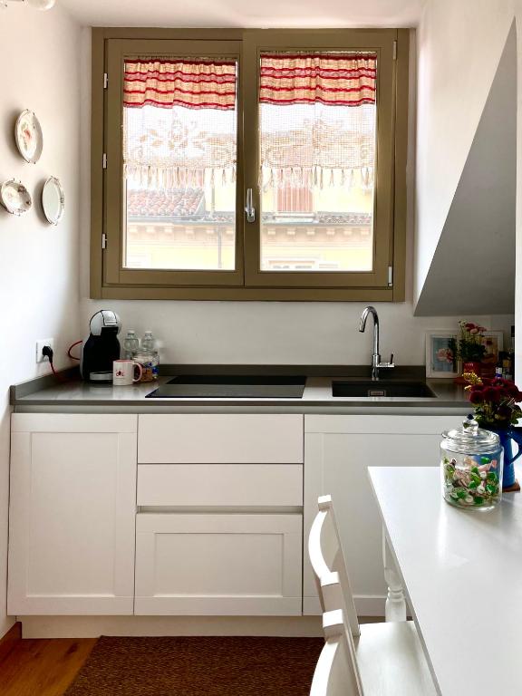 kuchnia z białymi szafkami i umywalką oraz 2 oknami w obiekcie Casa Ginepro via Mazzini w Turynie