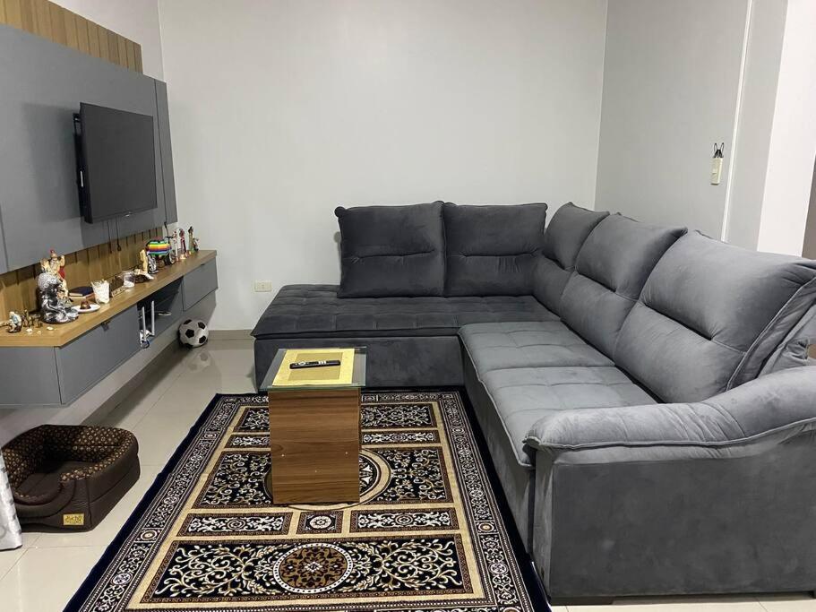 a living room with a gray couch and a table at Apartamento, Salto del Guaira in Salto del Guairá