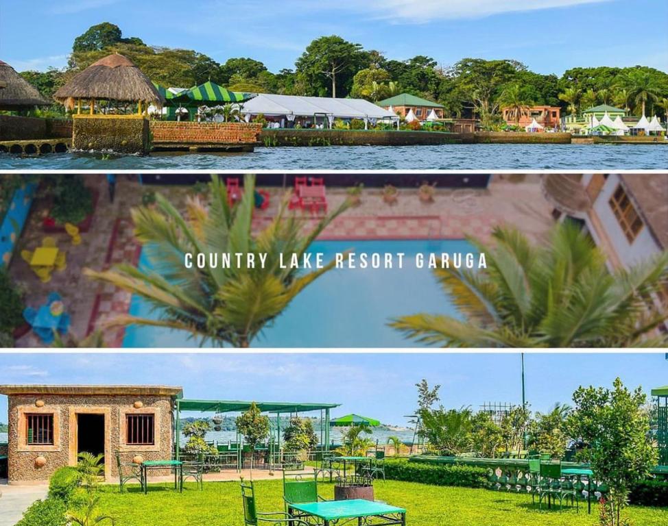 un collage de dos fotos de un bangalore resort del lago rural en Country lake resort Garuga, en Wakiso