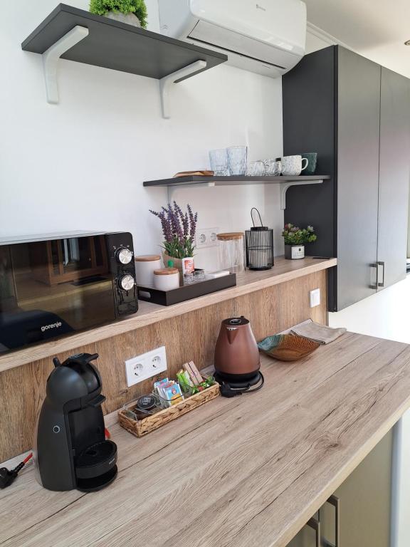a kitchen with a counter top with a microwave at Várfal apartman II in Eger