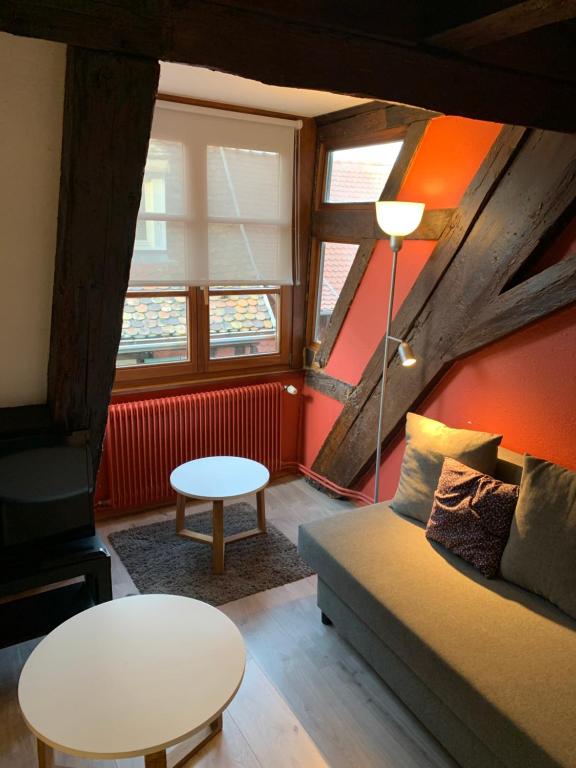 ein Wohnzimmer mit Sofa und Tisch in der Unterkunft Appartement Duplex 2a Rue d'Alspach in Colmar