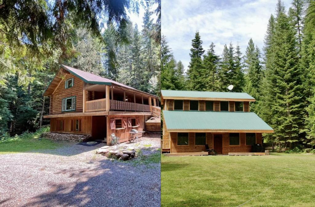 deux photos d'une maison en rondins et d'une maison dans l'établissement 2 Adjacent Cabins near Silverwood - Serene, Private and Forested, à Spirit Lake
