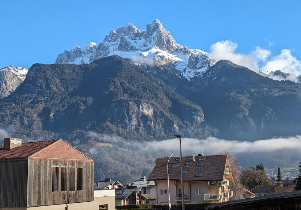 uma montanha no fundo de uma cidade com casas em Le Doran Familial Parking WIFI em Sallanches