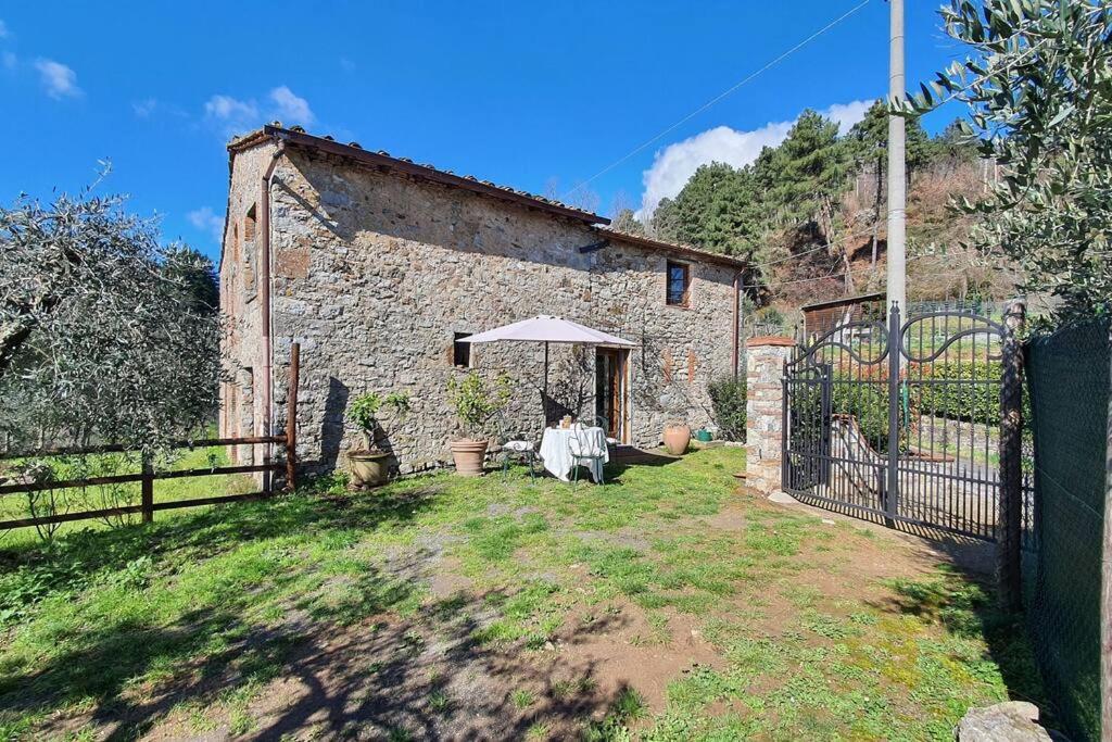 un edificio con una mesa y una sombrilla en un patio en Il Cantuccio Proprietà, en Pescaglia