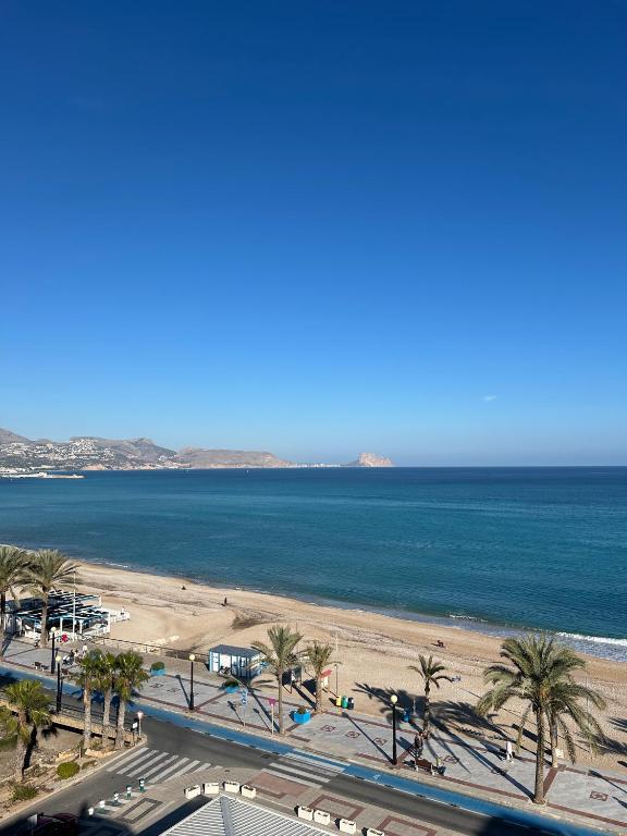Una vista de una playa con palmeras y el océano. en Apartamento Blanco, en Albir