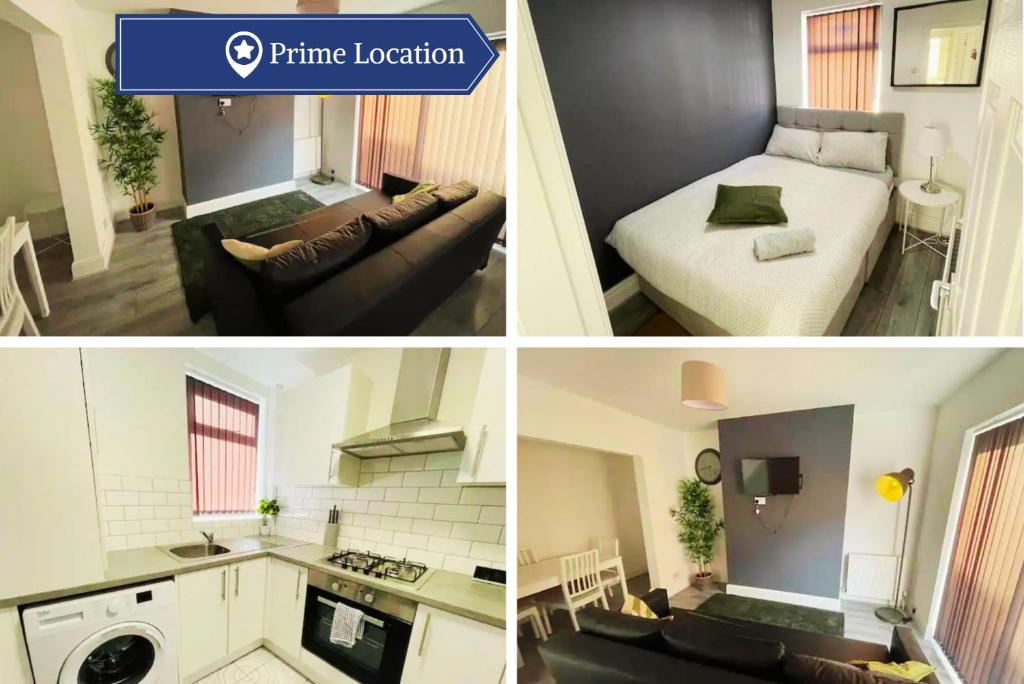 a collage of three pictures of a kitchen and a living room at Suite 4 - Stylish Private Room in Old Swan in Liverpool