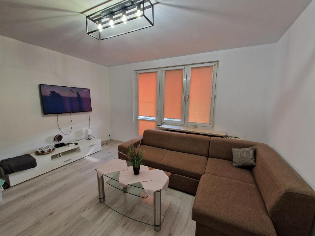 ein Wohnzimmer mit einem Sofa und einem TV in der Unterkunft Centrum Apartament in Konin