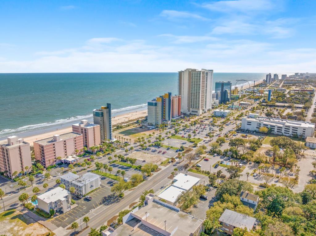 an aerial view of a city and the ocean at Fin's Inn in Myrtle Beach