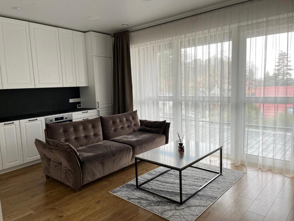 a living room with a couch and a coffee table at Slenio Apartamentai in Kaunas