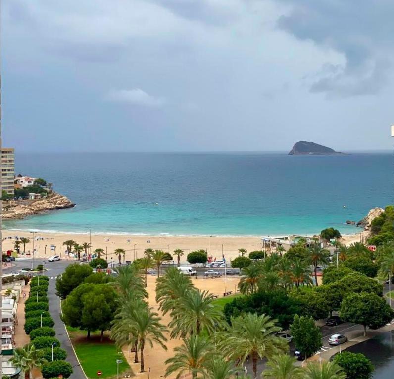 a view of a beach with palm trees and the ocean at Apartamento Vistas al mar en Gemelos 24 La Cala de Finestrat in Alicante