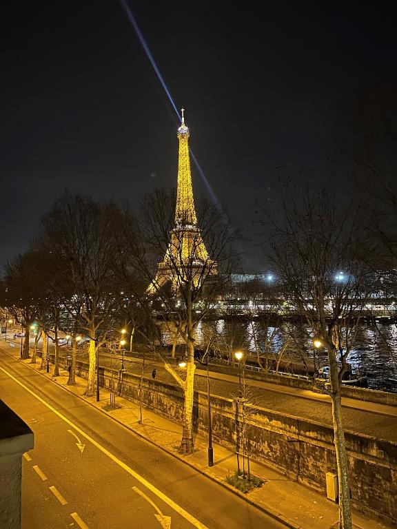 - une vue sur la tour Eiffel la nuit dans l'établissement Appartement sur les quais, à Paris