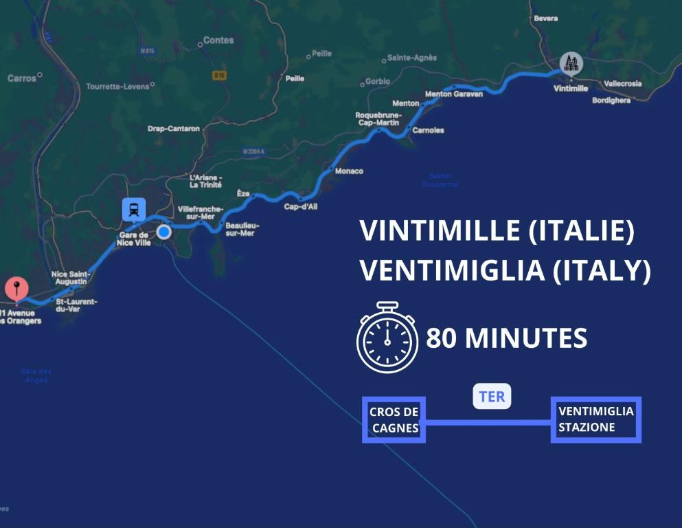 a map of ventimiglia with a clock on it at Orangers - Bord de mer-Studio cosy refait à neuf 4 personnes in Cagnes-sur-Mer