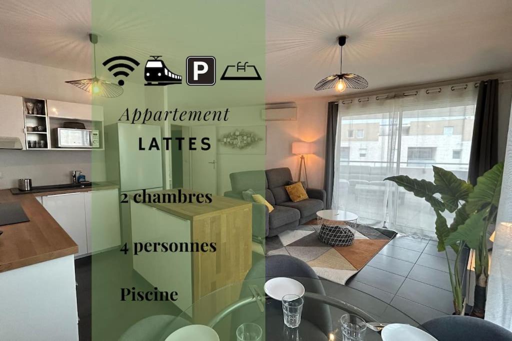 une chambre avec une cuisine et un salon dans l'établissement 040- La Movida - Gare Sud de France * 2chambres, Piscine, Clim, 2Parking, à Lattes