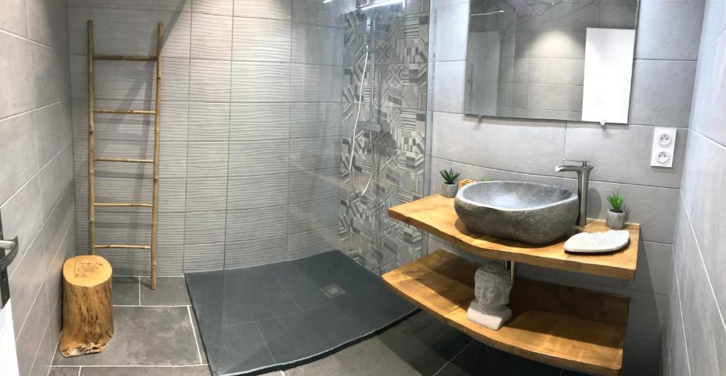 een badkamer met een wastafel en een douche bij Le petit Mas des Lavandins in Vernègues