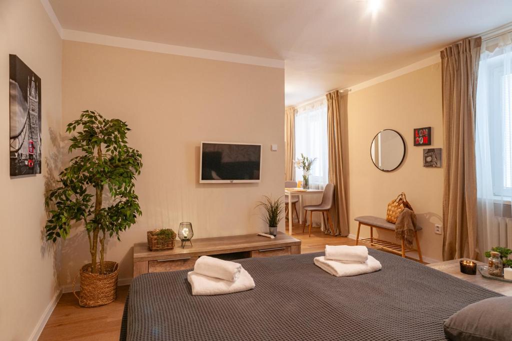 een slaapkamer met een bed met 2 witte kussens bij STING Apartments Havířov in Havířov