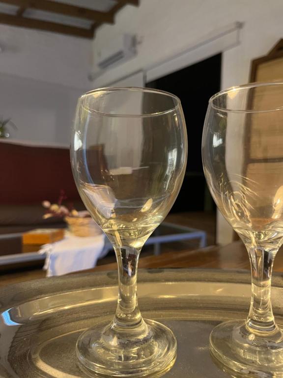 deux verres à vin vides assis sur un plateau dans l'établissement La Luna, casa mágica en sierras!, à Villa Serrana