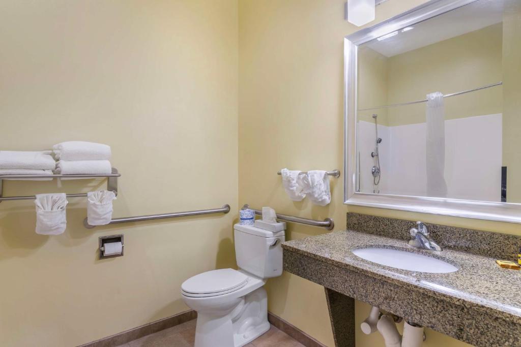 a bathroom with a toilet and a sink and a mirror at Best Western Plus Brunswick Inn & Suites in Brunswick