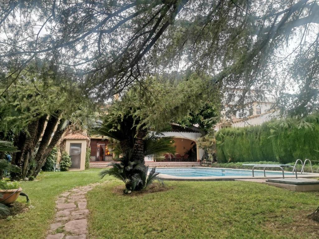 ペドレゲールにあるCasa singular Doña Lolaの庭にスイミングプールがある家