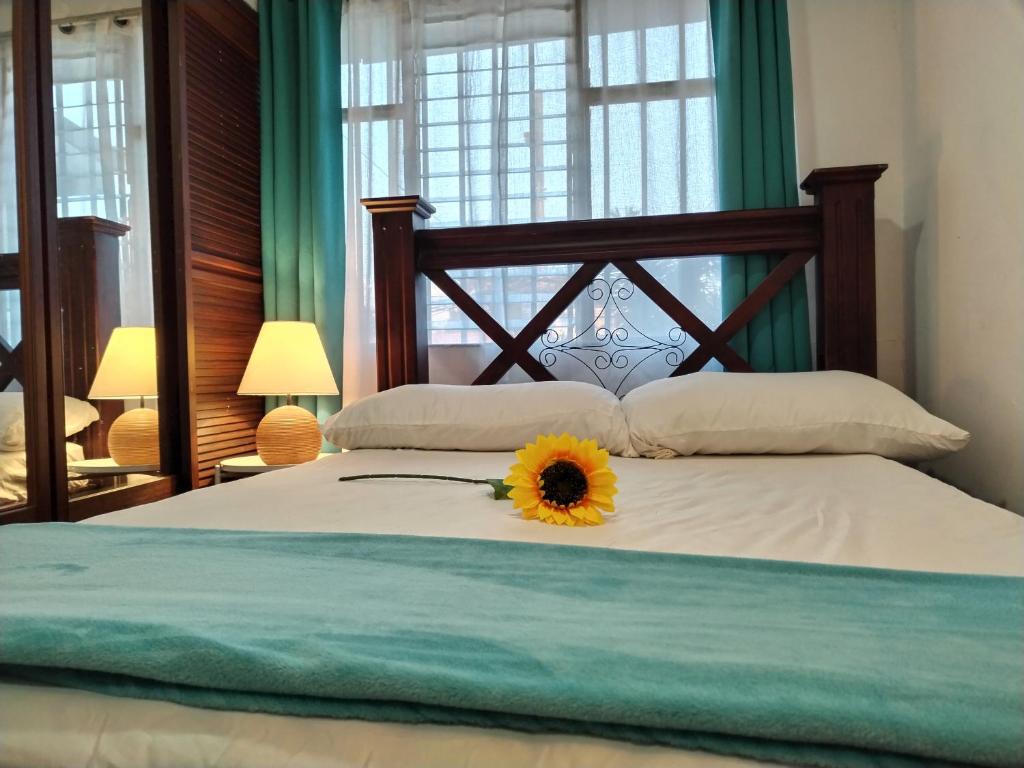 a bedroom with a bed with a sunflower on it at Habitaciones Smith in San José