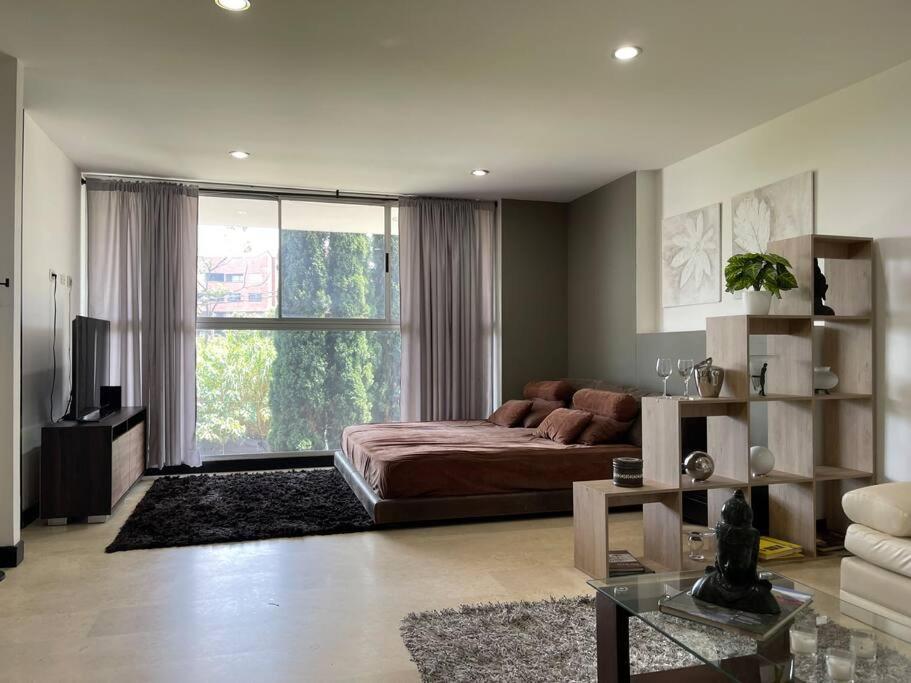 sala de estar con cama y ventana grande en Loft Moderno Elegancia Natural Deluxe, en Sabaneta