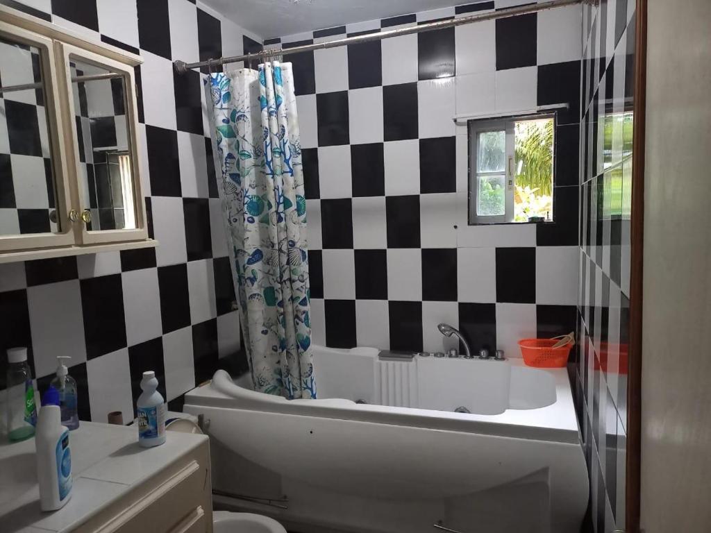 a bathroom with a black and white checkered wall at PINEVALLEY APT.SUITE 3A 