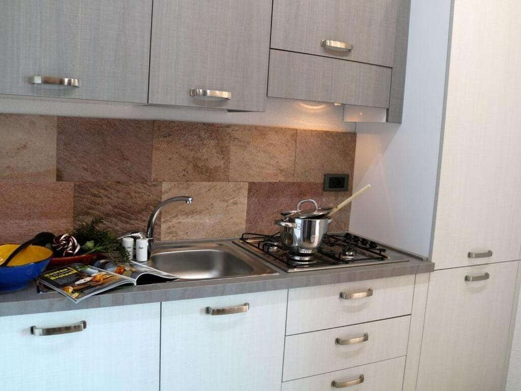 uma cozinha com um lavatório e um fogão forno superior em Falco Cascina Borchina em Musignano