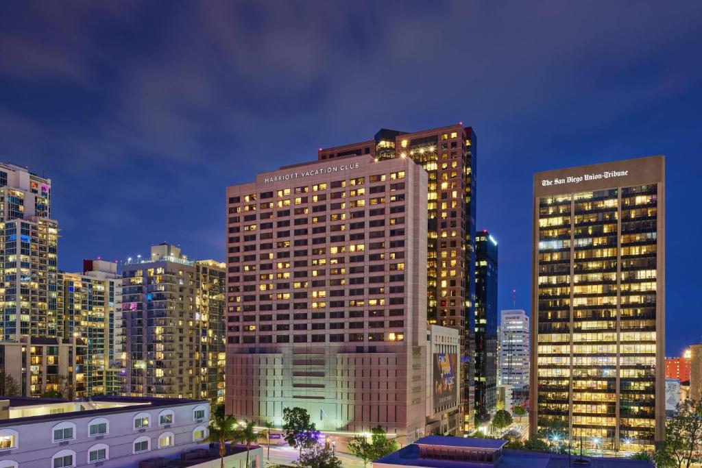 a city skyline with tall buildings at night at Marriott Vacation Club®, San Diego    in San Diego
