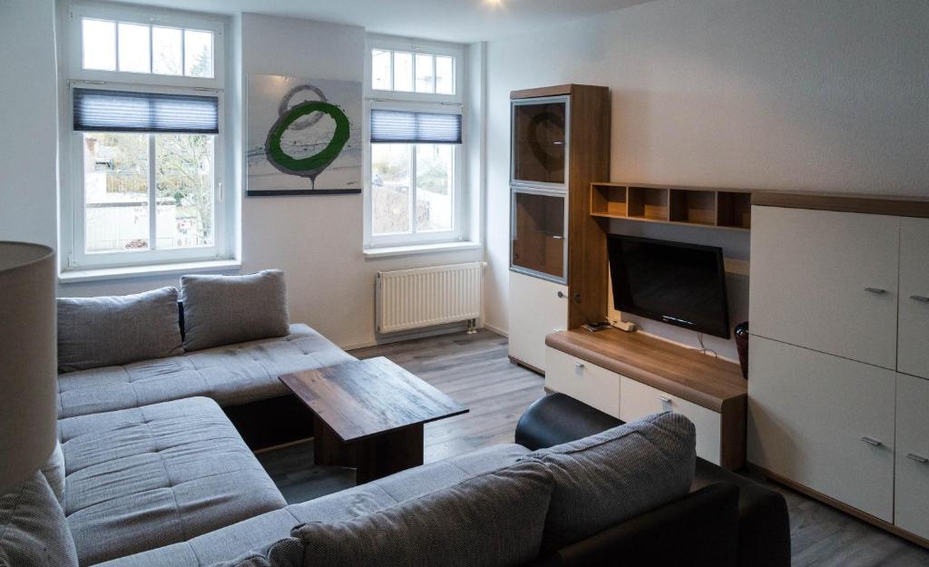 a living room with a couch and a tv at Studiowohnungen Am Neuberinhaus F&G Apartments in Reichenbach im Vogtland