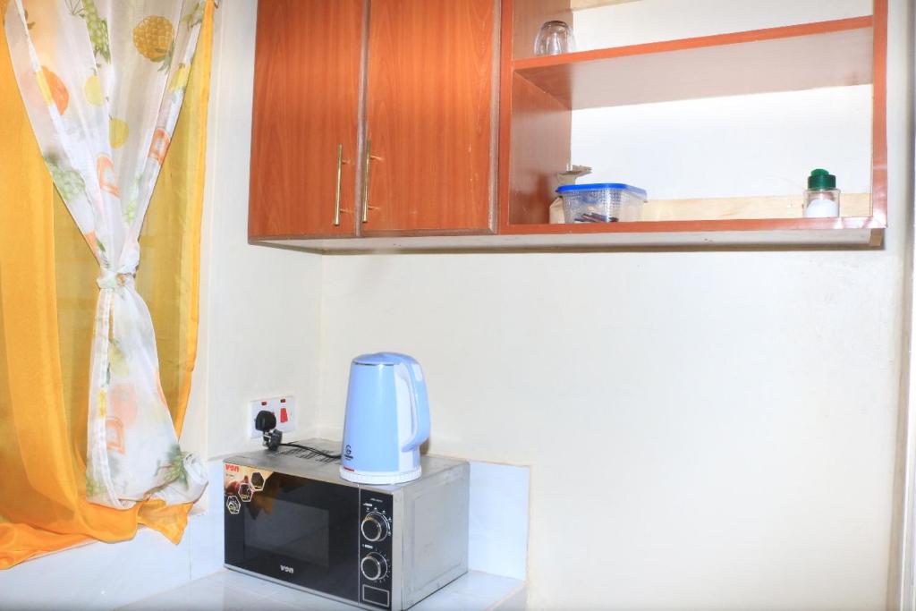 eine Mikrowelle auf einem Kühlschrank in der Küche in der Unterkunft Chaka Homes in Kiganjo