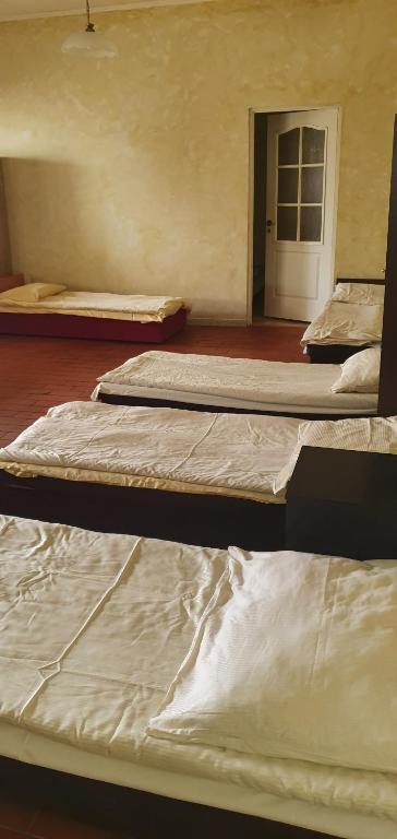 3 camas en una habitación con puerta en Pokój typu studio dla pracownikow z kuchnią i łazienka, en Tomaszów Mazowiecki