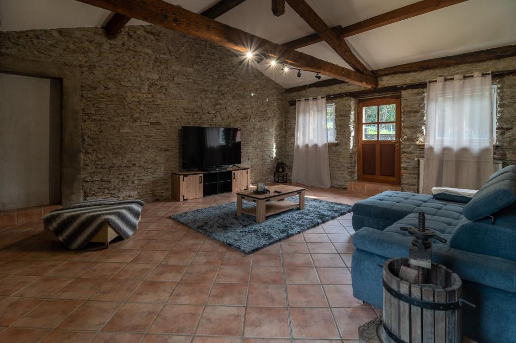 ein Wohnzimmer mit einem blauen Sofa und einem TV in der Unterkunft Les pierres de Fonfage in Boissezon