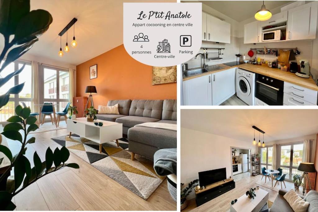 un collage de photos d'une cuisine et d'un salon dans l'établissement Le P'tit Anatole - Joli T2 avec parking, à Poitiers
