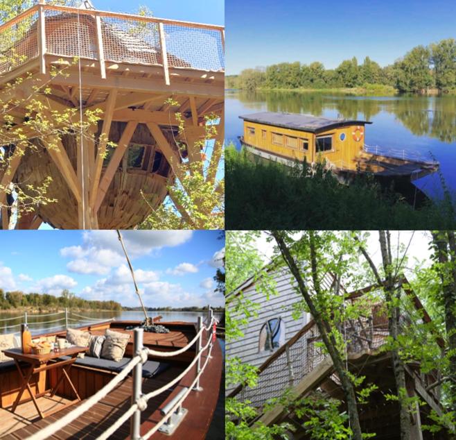 een collage van foto's met een boot en een brug bij La Batelière sur Loire in La Chapelle-aux-Naux